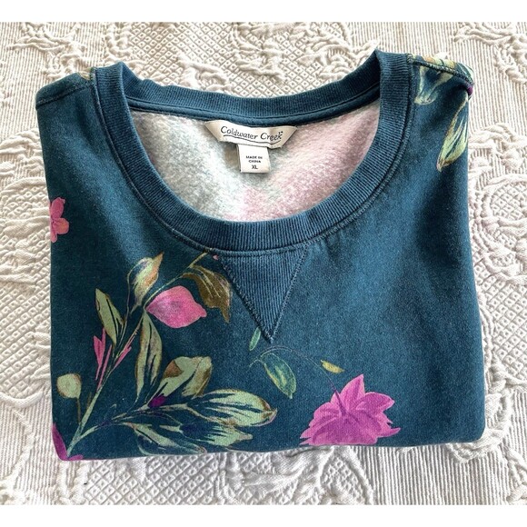 Coldwater Creek Teal Floral Sweatshirt Side Pockets Ladies Size XL - Picture 14 of 14